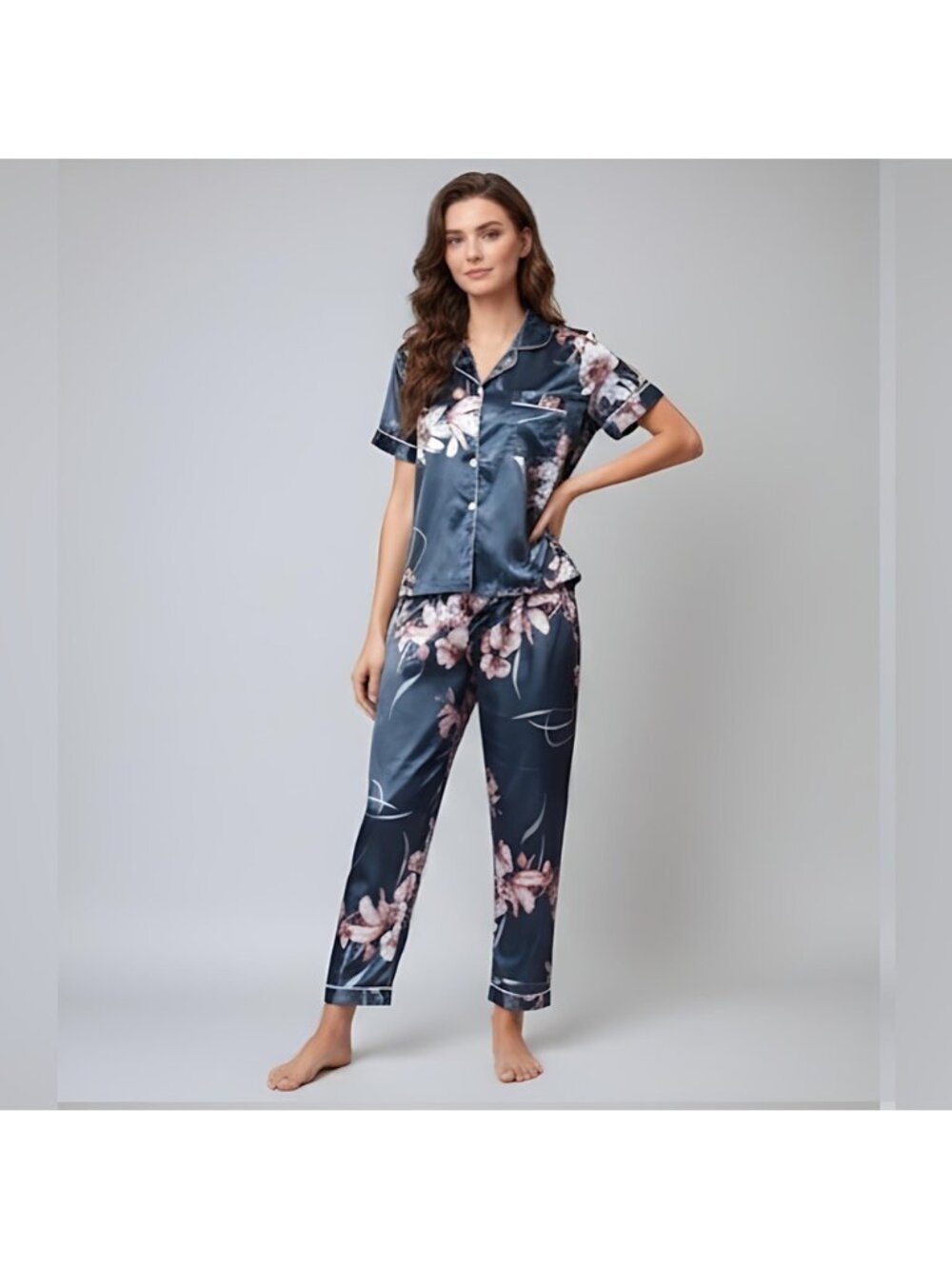 Floral Satin Pyjama Set Blue